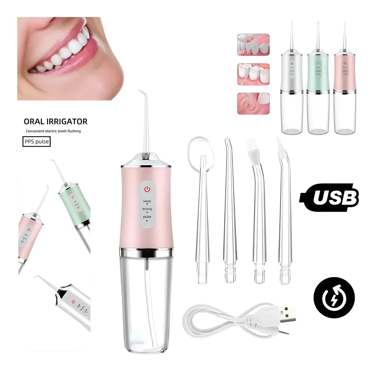 Irrigador bucal limpieza de dientes recargable 4 Kit 220ML