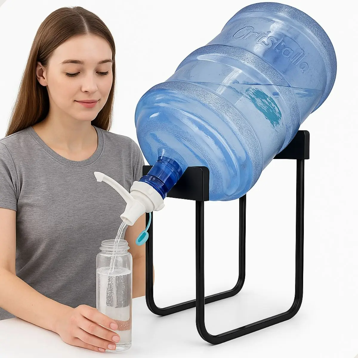 Dispensador y soporte de botellon de agua con valvula 2 en 1