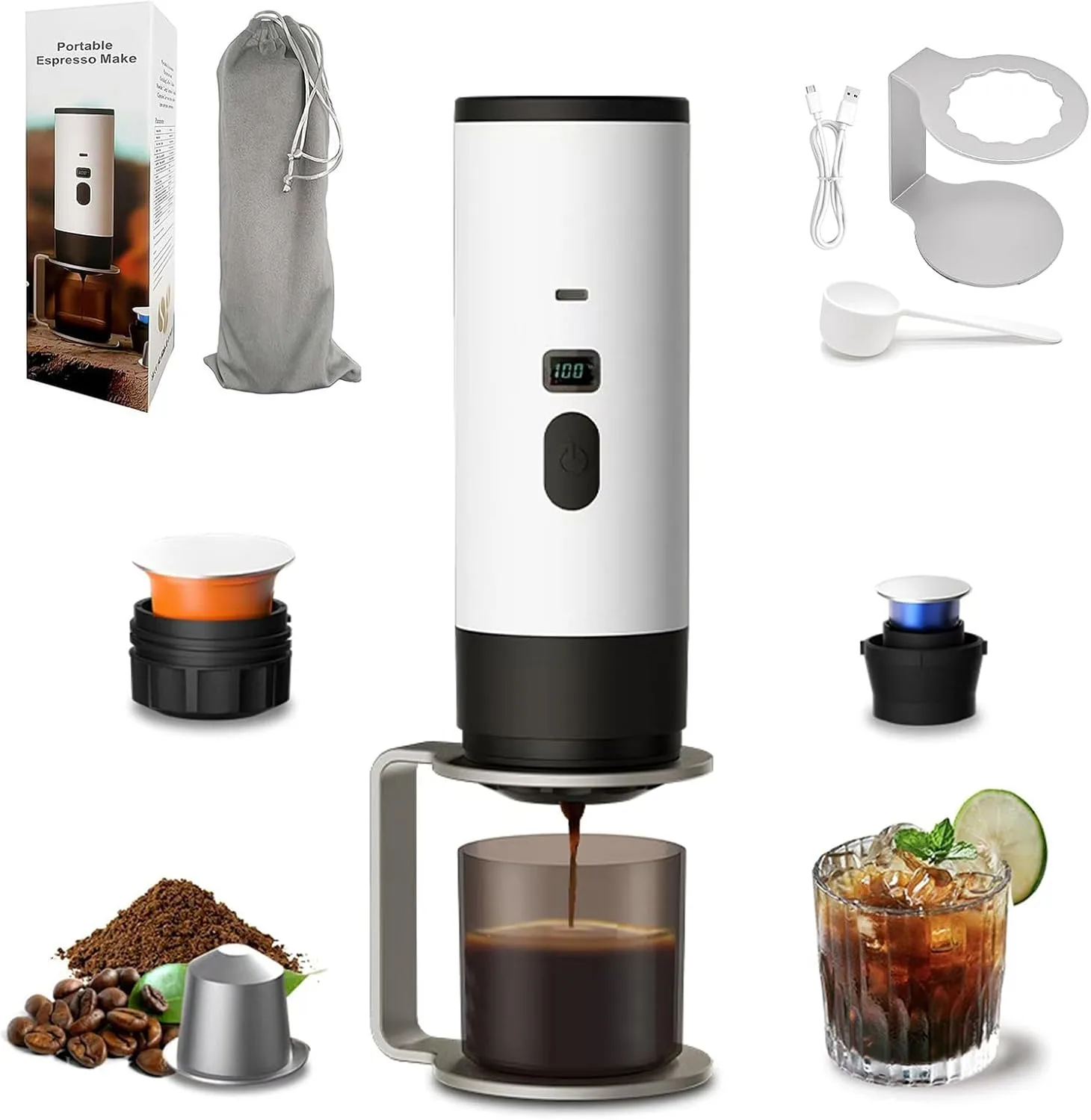 Cafetera 3 en 1 Portatil Molido y capsula Recargable 90°
