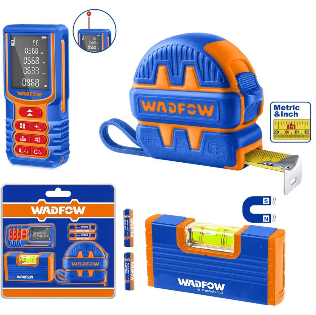 KIT DE MEDIDOR DE DISTANCIA LASER CON CINTA METRICA Y NIVEL BURBUJA WADFOW