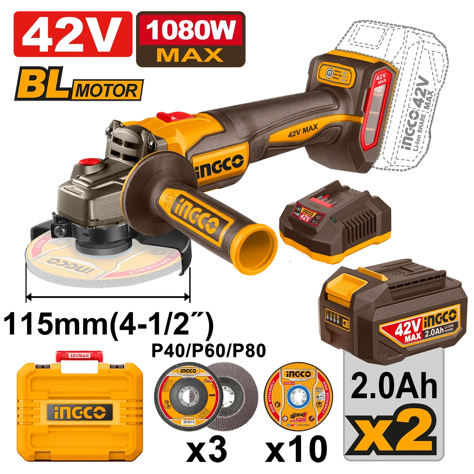 ESMERIL ANGULAR 4-1/2" BL INALAMBRICO 1080W 42V INGCO