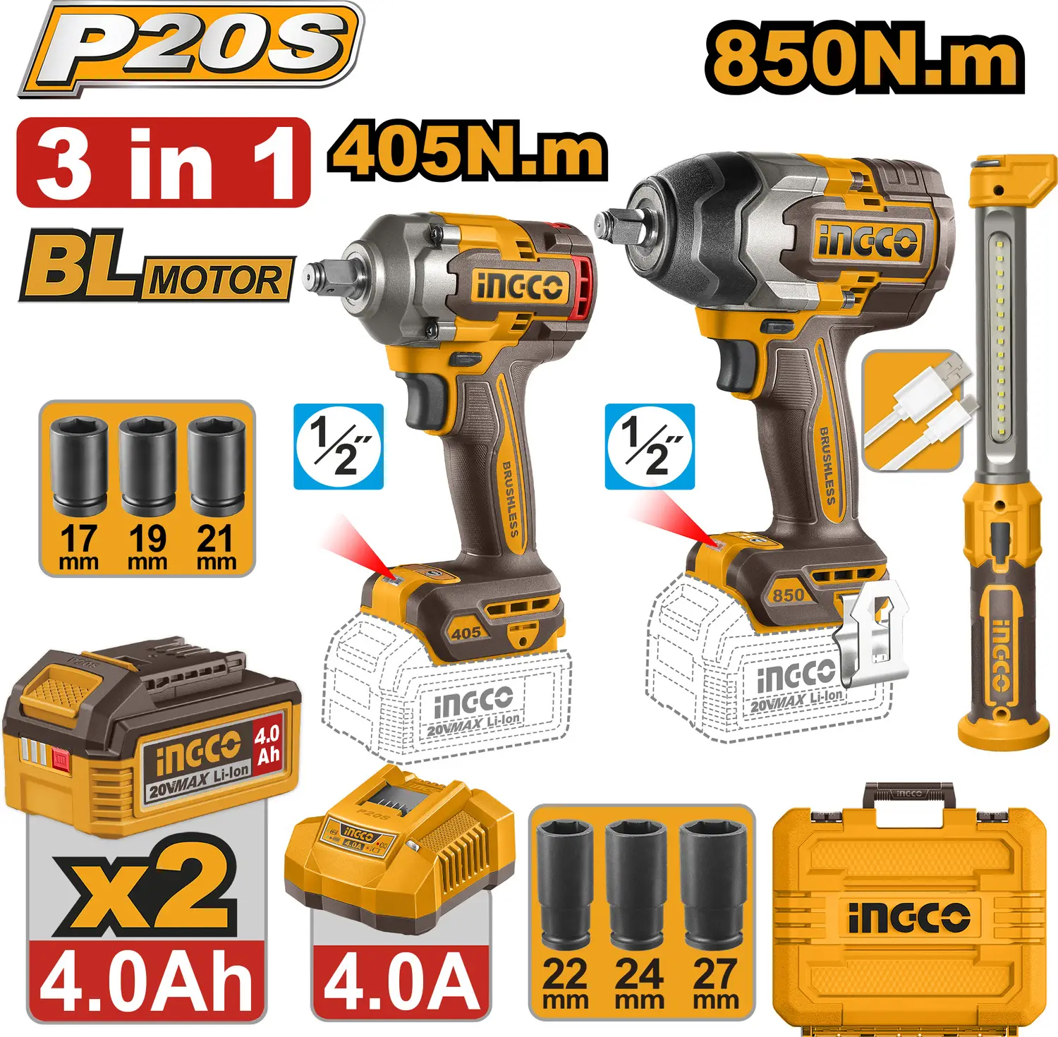KIT DE LLAVE DE IMPACTO 405NM Y 850NM INGCO