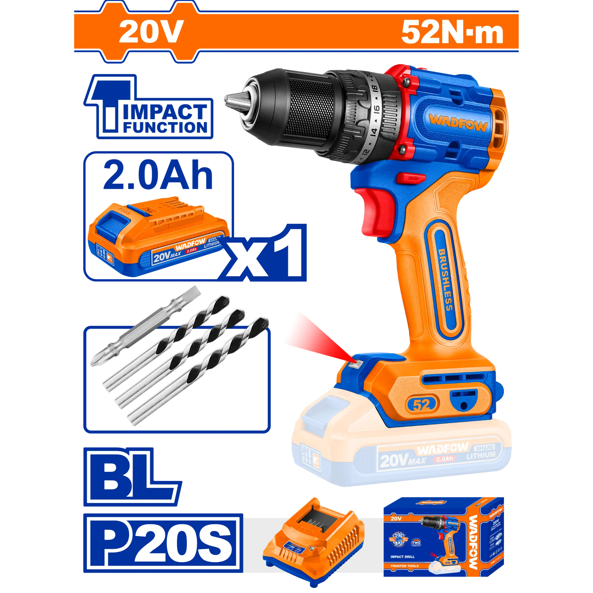 TALADRO DE IMPACTO INALAMBRICO 20V 52NM WADFOW