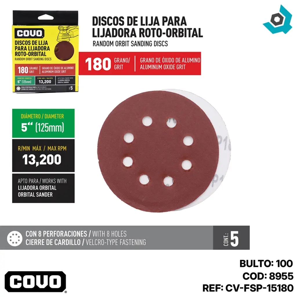 PARCHE DE LIJA 5" P180 5UND COVO
