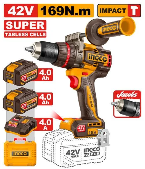 TALADRO DE IMPACTO 1/2" INALAMBRICO 42V 169NM INGCO