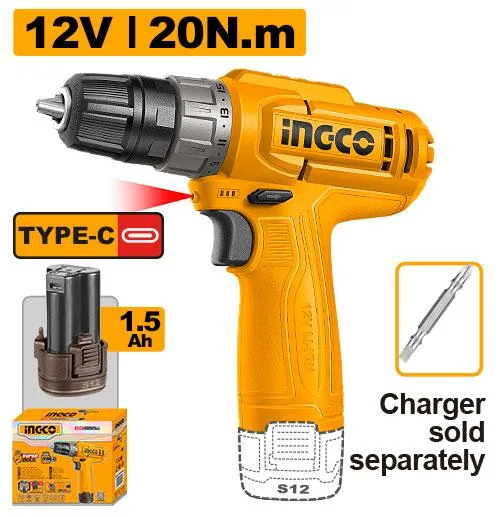 TALADRO INALAMBRICO 12V 1X1.5AH 20NM TIPO C INGCO