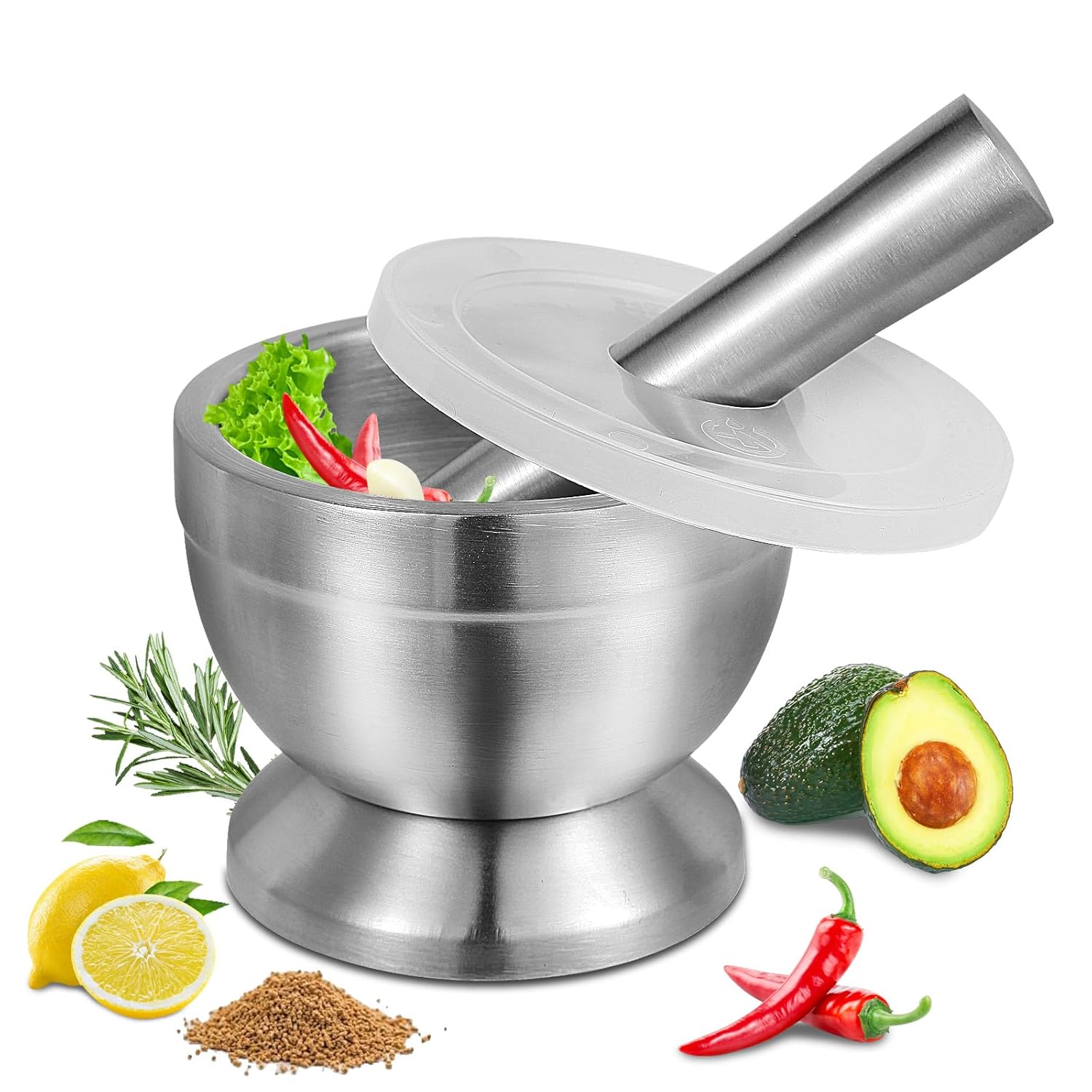 Kit mortero triturador de acero inoxidable antideslizante machucador con tapa